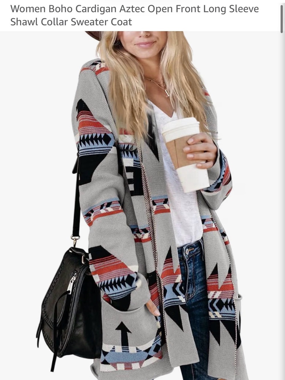 Boho Aztec Open Front Shawl Collar Cardigan Sweater - Gray/Black/Red